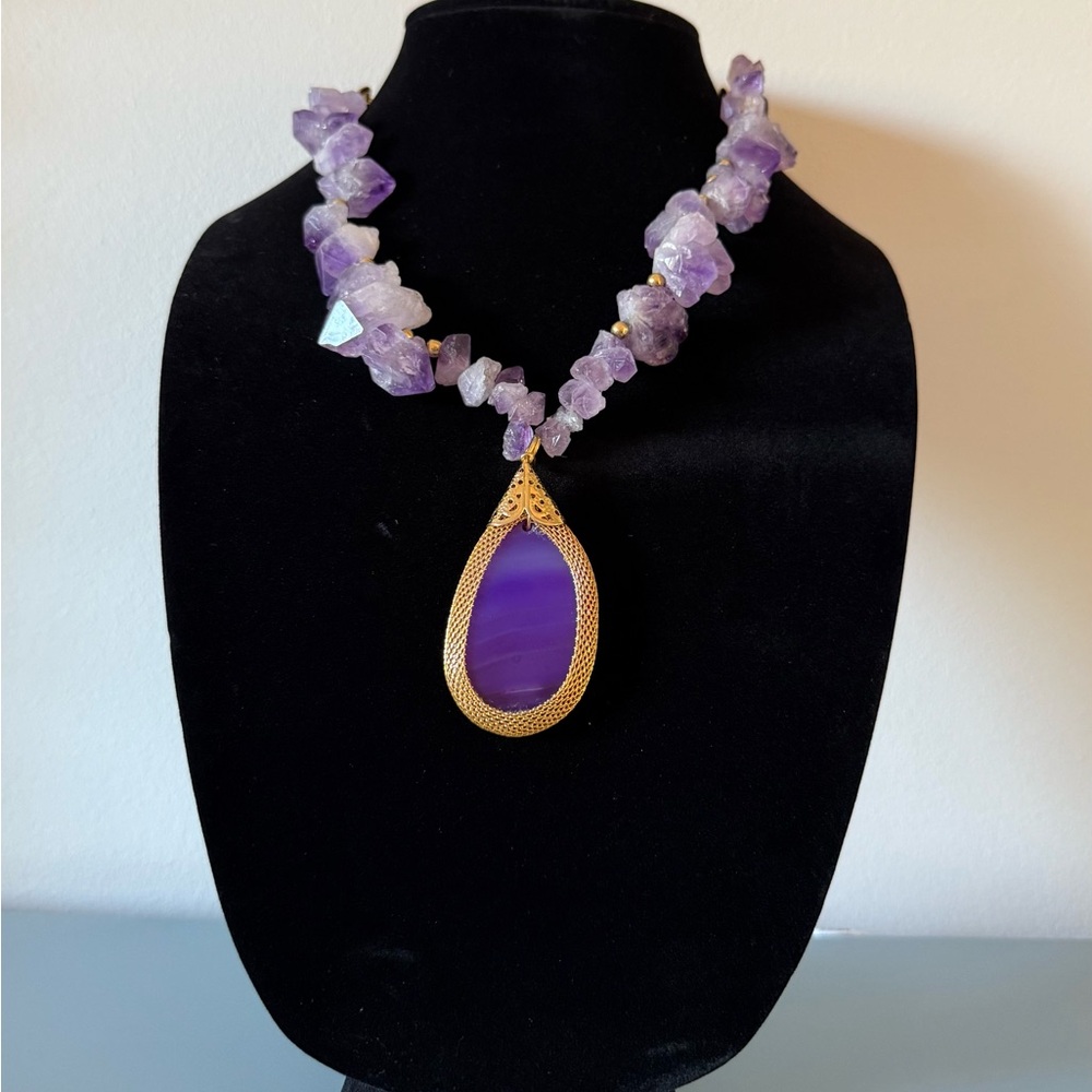 Handmade Raw Amethyst Statement Necklace Purple Agate Gold Filled 20”